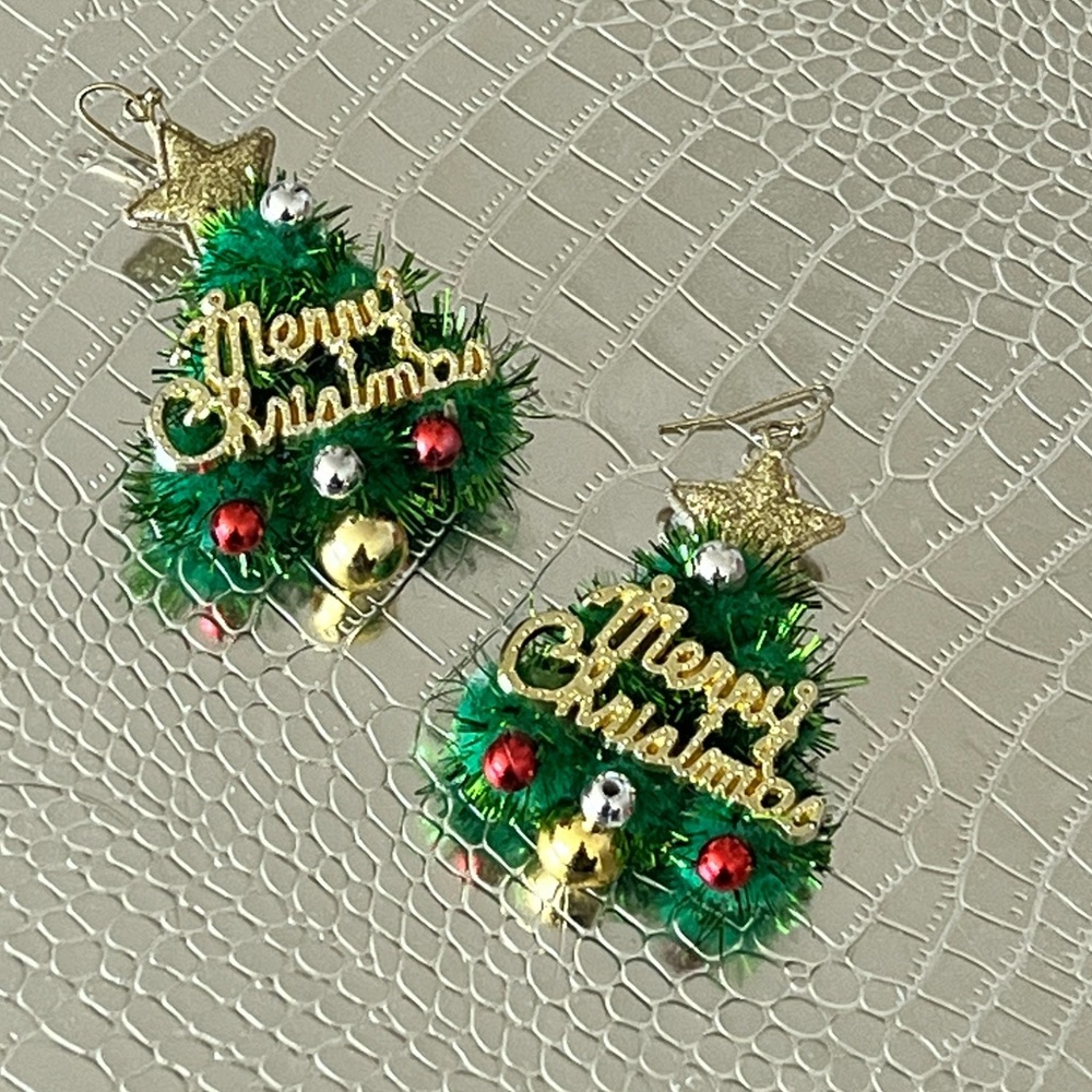 Festive ugly Xmas Christmas tree earrings pompom holiday party funny handmade